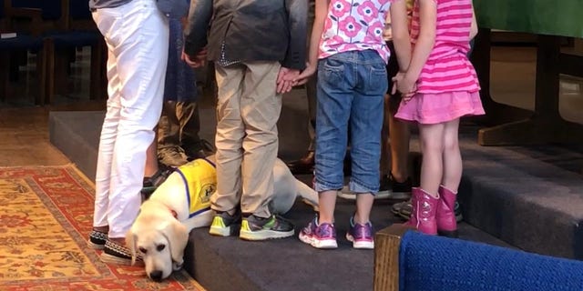 Pastor Richard Young and the children at Orchard Park Presbyterian Church outside of Buffalo, New York pray for Spike, a service dog in training. Jennifer Williams, the executive producer for "The Daily Briefing with Dana Perino," said the trip with Spike was one of the most meaningful to her.