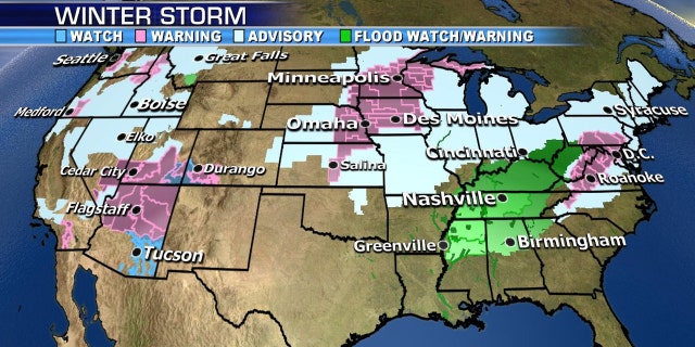 Winter weather alerts and flood advisories span across multiple states.
