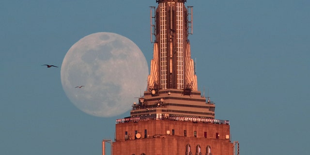 The almost full super snow moon rises at sunset behind the Empire State Building in New York City on Feb. 18, 2018 photographed from Hoboken, New Jersey.