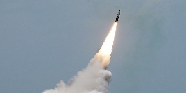 File photo - An unarmed Trident II D5 missile launches from the Ohio-class fleet ballistic missile submarine Maryland off the coast of Florida.