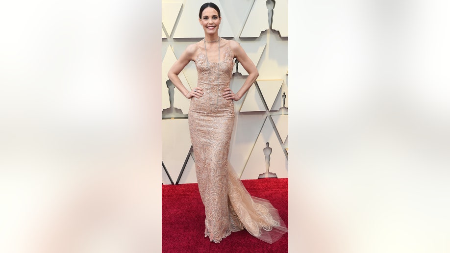 Leslie Bibb arrives at the Oscars on Sunday, Feb. 24, 2019, at the Dolby Theatre in Los Angeles. (Photo by Jordan Strauss/Invision/AP)