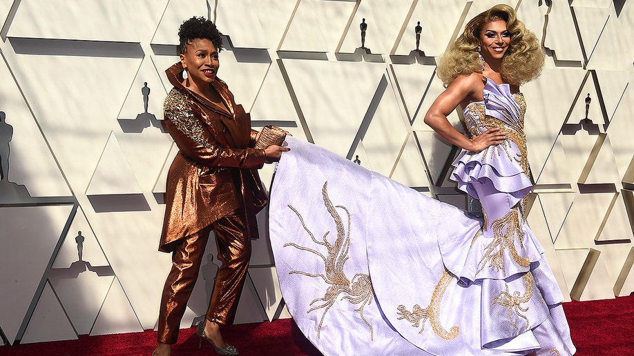Jenifer Lewis, left, and Shangela arrive at the Oscars on Sunday, Feb. 24, 2019, at the Dolby Theatre in Los Angeles. (Photo by Jordan Strauss/Invision/AP)
