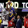 New England Patriots Jason McCourty breaks up a pass intended Los Angeles Rams' Josh Reynolds during the first half of the Super Bowl, in Atlanta, February 3. 2019.