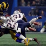 New England Patriots Patrick Chung is injured as he hits Los Angeles Rams Brandin Cooks during the second half of the Super Bowl in Atlanta, February 3. 2019.