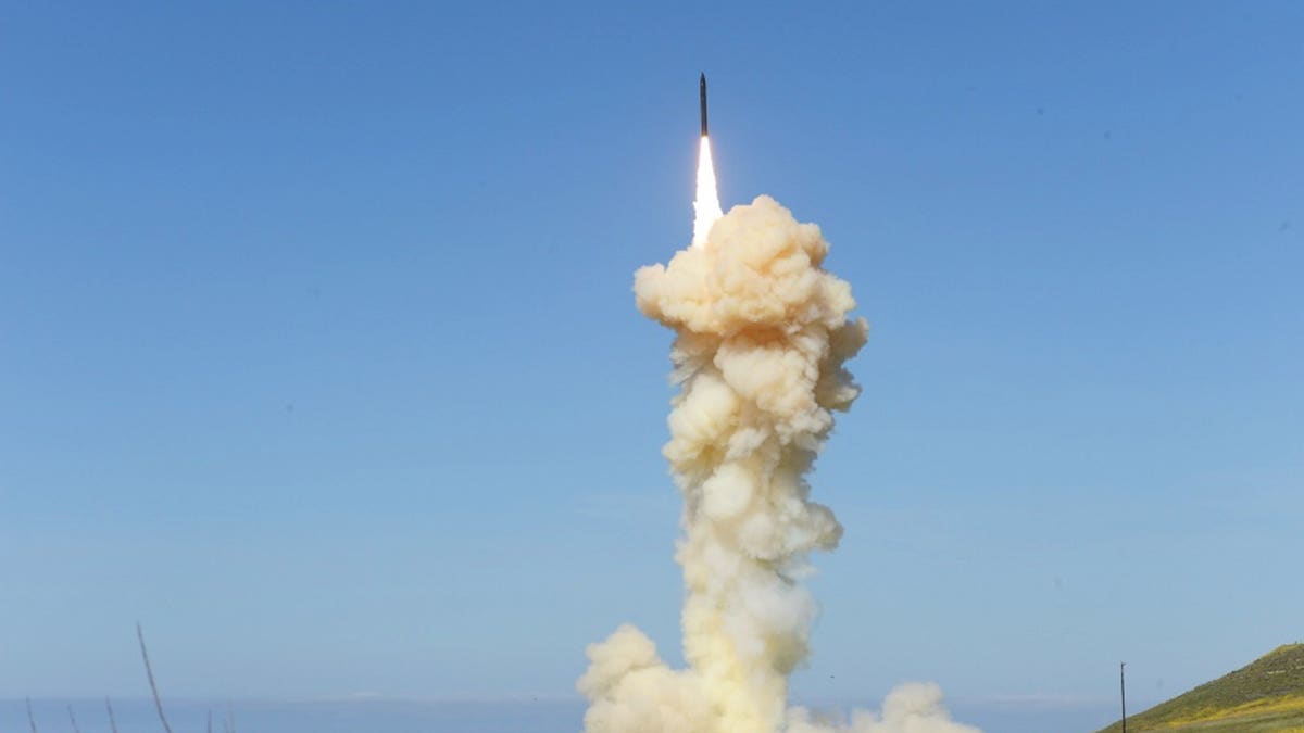 In this photo provided by the Missile Defense Agency, the lead ground-based Interceptor is launched from Vandenberg Air Force Base, Calif., in a "salvo" engagement test of an unarmed missile target Monday, March 25, 2019.