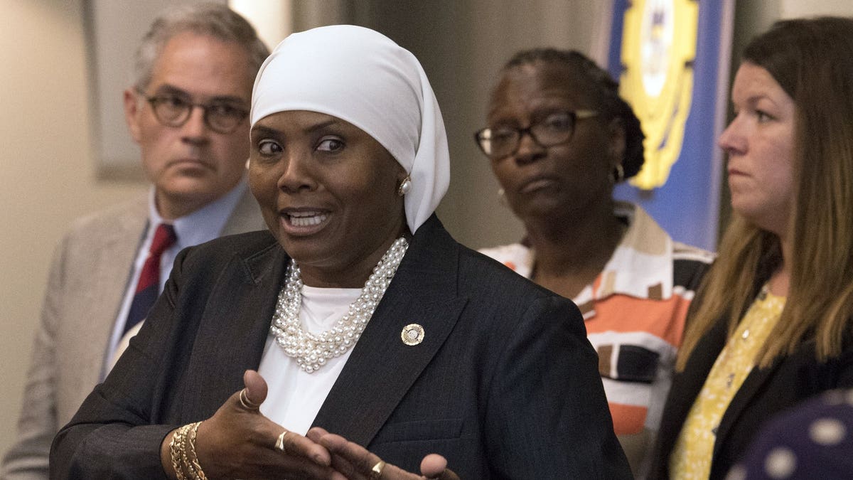 Movita Johnson-Harrell, then the interim supervisor of Victim and Witness Services, speaks in Philadelphia, Aug. 1, 2018. (Associated Press)