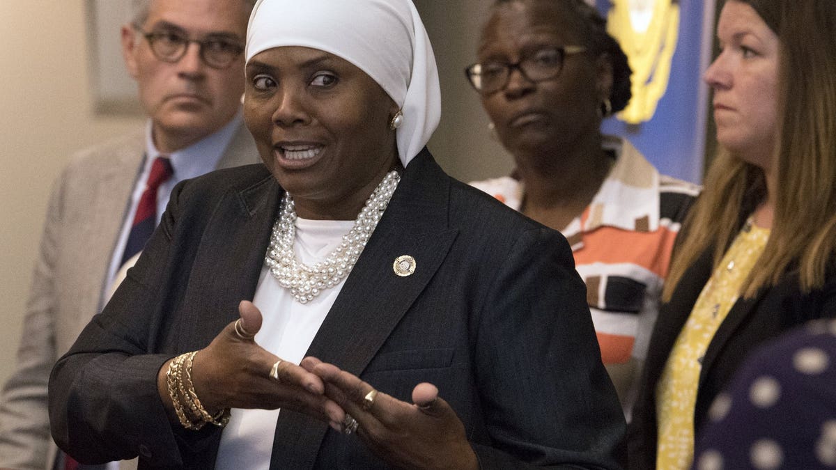 Movita Johnson-Harrell, then the interim supervisor of Victim and Witness Services, speaks in Philadelphia, Aug. 1, 2018. (Associated Press)
