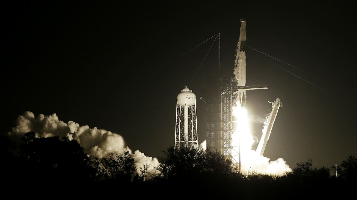 A Falcon 9 SpaceX rocket, ready for launch, sits on pad 39A at the Kennedy Space Center in Cape Canaveral, Fla., Friday, March 1, 2019. The Crew Dragon spacecraft unmanned test flight launched early Saturday morning. (Associated Press)