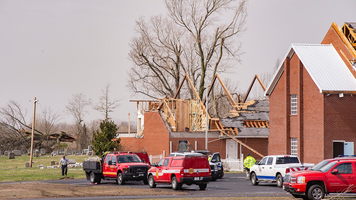 This Thursday, March 14, 2019 photo shows damage to Mount Zion Church in West Paducah, Ky. The twister left a path in western Kentucky from Lovelaceville through the West Paducah area, according to Keith Todd, a spokesman for the Kentucky Transportation Cabinet. (Dave Thompson/The Paducah Sun via AP)