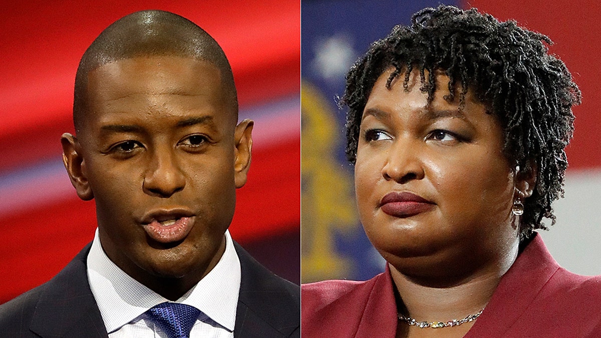 Former gubernatorial candidates Andrew Gillum, left, and Stacey Abrams, right.