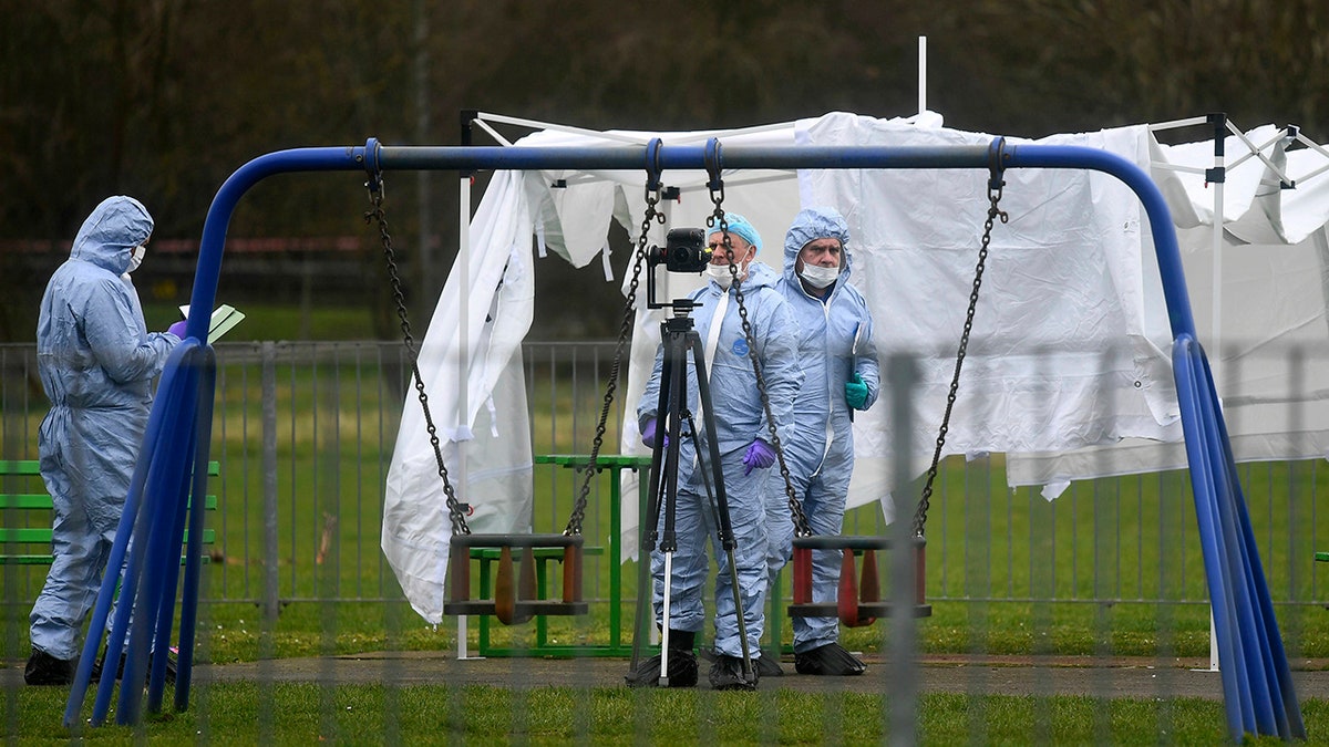 Police forensic officers at the scene in east London Saturday, March 2, 2019, following the fatal stabbing of a 17-year-old girl on Friday night. Two 17-year-olds were stabbed to death last weekend in different parts of England, plunging families into grief and igniting an intense debate published in Britain's news media about why so many young people are dying, and who is to blame.
