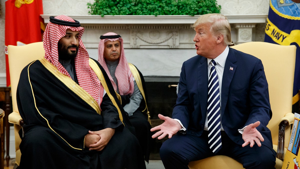 Then-President Trump meets with Saudi Crown Prince Mohammed bin Salman in the Oval Office of the White House in Washington, March 20, 2018.?(Associated Press)