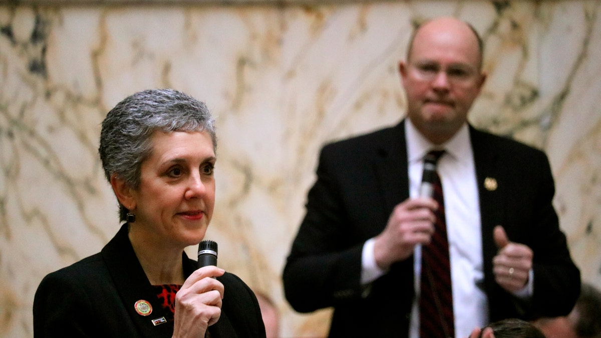 Maryland state Sen. Cheryl Kagan, a Democrat, talks about her bill to make Maryland the first state in the nation to ban foam containers for food and drink statewide to fight pollution during a debate on Tuesday, March 5, 2019 in Annapolis, Md.