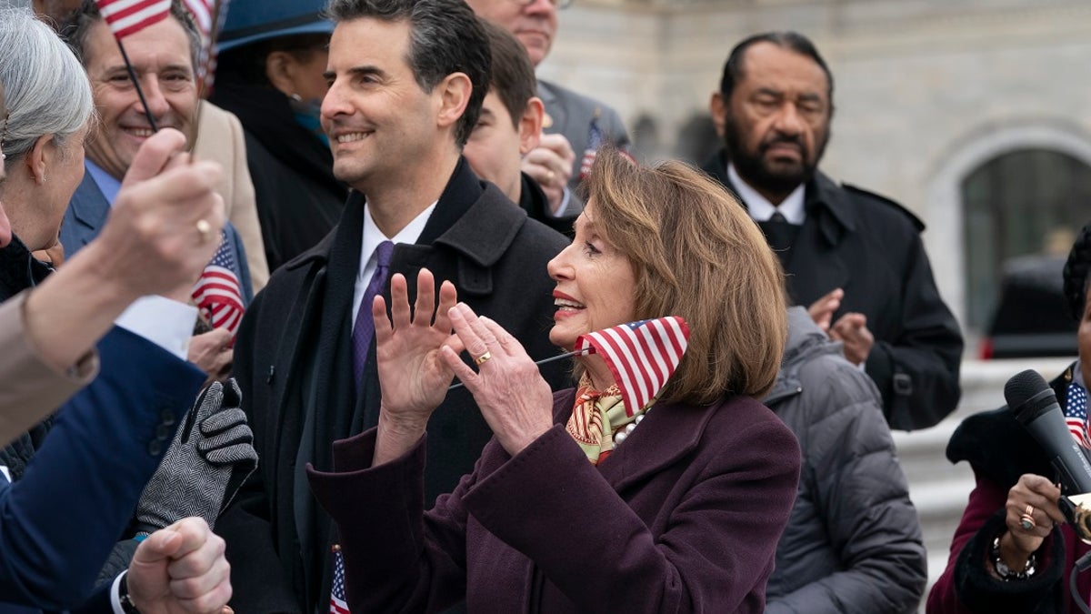House Speaker Nancy Pelosi, D-Calif., and other House Democrats rally ahead of the passage of H.R. 1, "The For the People Act," at the Capitol in Washington, Friday, March 8, 2019. (Associated Press)