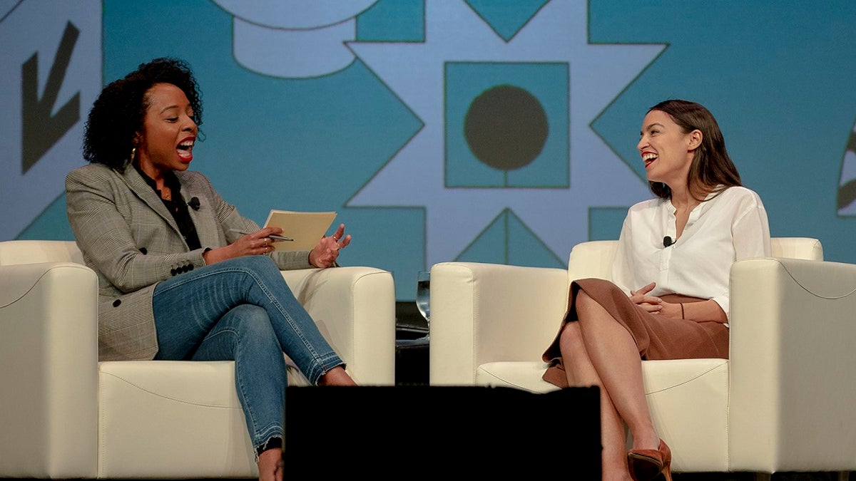 Rep. Alexandria Ocasio-Cortez, right, D-N.Y., speaks with Briahna Gray, a senior politics editor at the Intercept, during South by Southwest on Saturday, March 9, 2019, in Austin, Texas. (Nick Wagner/Austin American-Statesman via AP)