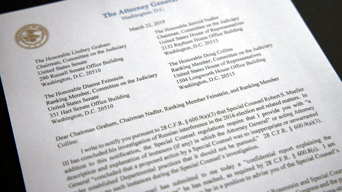 A copy of a letter from Attorney General William Barr advising Congress that Special Counsel Robert Mueller has concluded his investigation, is shown Friday, March 22, 2019 in Washington. Robert Mueller on Friday turned over his long-awaited final report on the contentious Russia investigation that has cast a dark shadow over Donald Trump's presidency, entangled Trump's family and resulted in criminal charges against some of the president's closest associates. 