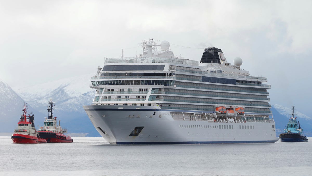 The cruise ship Viking Sky arrives at port off Molde, Norway on Sunday.