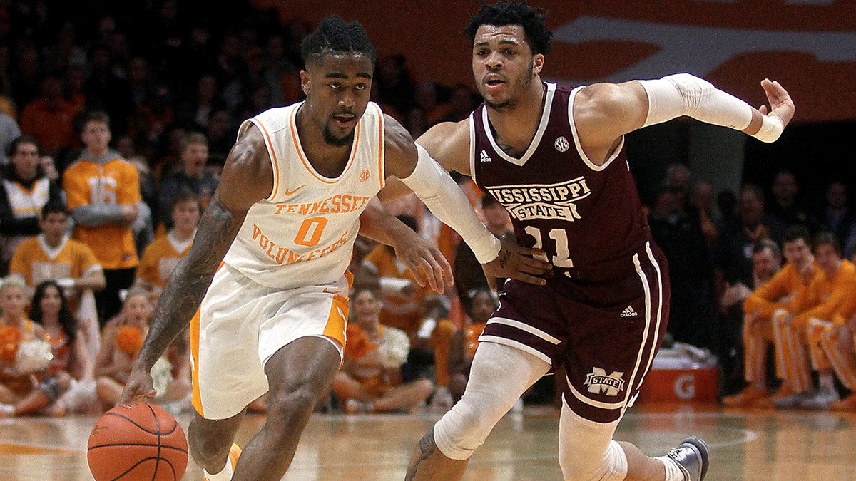 Tennessee's Jordan Bone brings the ball up while defended by Mississippi State's Quinndary Weatherspoon during an NCAA college basketball game Tuesday, March 5, 2019, in Knoxville, Tenn.