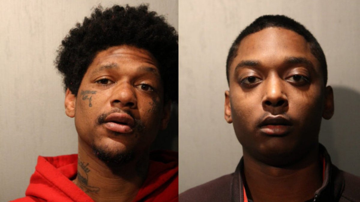 Jovan Battle, left, and Menelik Jackson, right, were charged with first-degree murder in off-duty Officer John P. Rivera’s death.