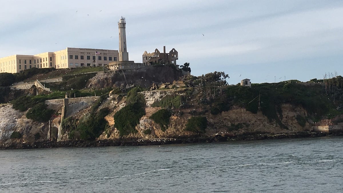 A view of Alcatraz Island. The ruined warden's mansion is in the center of the picture.