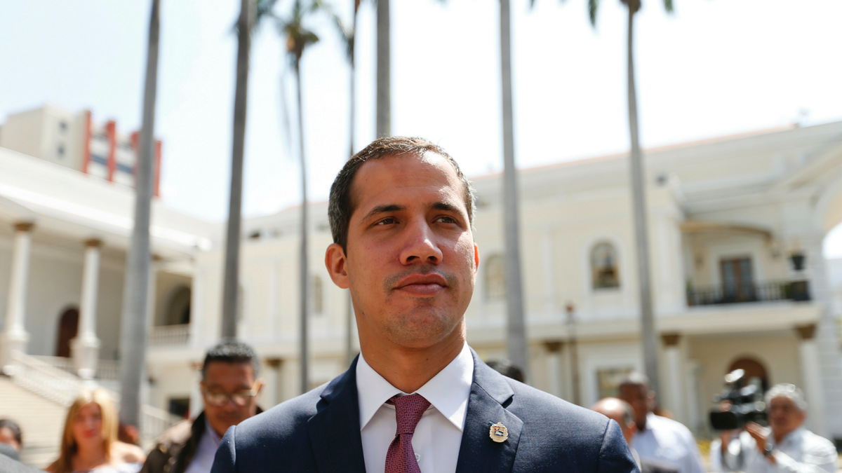 Venezuelan opposition leader Juan Guaido, who has declared himself interim president, arrives to the National Assembly for a meeting with "Frente Amplio," a coalition of opposition parties, and other civic groups in Caracas, Venezuela, Monday, March 18, 2019. 