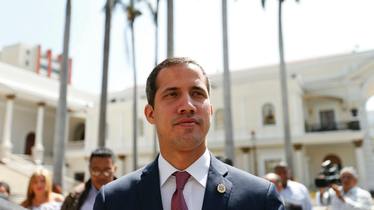Venezuelan opposition leader Juan Guaido, who has declared himself interim president, arrives to the National Assembly for a meeting with "Frente Amplio," a coalition of opposition parties, and other civic groups in Caracas, Venezuela, Monday, March 18, 2019.