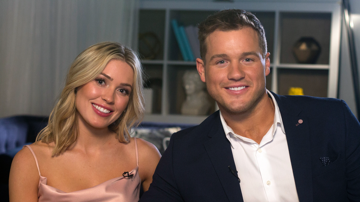 Cassie Randolph and Colton Underwood from the reality series, 'The Bachelor,' appear during an interview in New York on Wednesday, March 13, 2019.