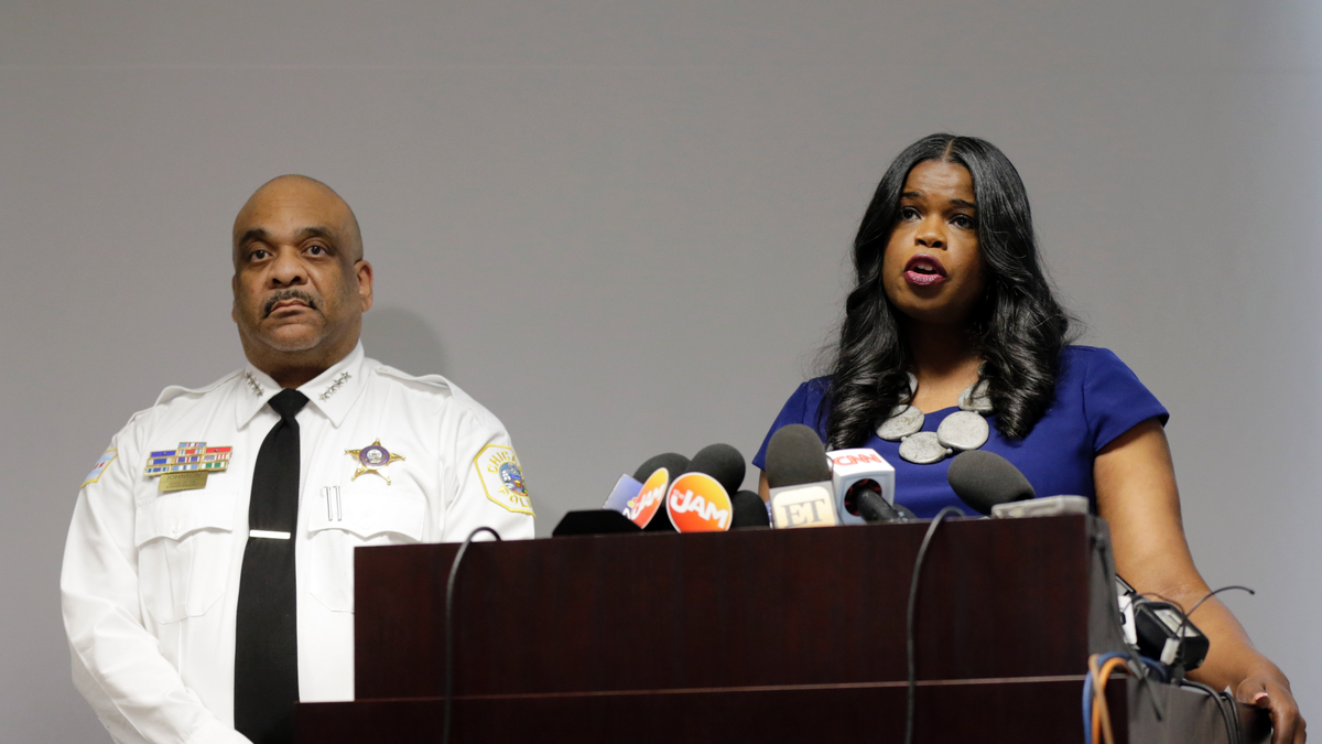 FILE - In this Feb. 22, 2019, file photo, Cook County State's Attorney Kim Foxx, right, speaks at a news conference as Chicago Police Superintendent Eddie Johnson listens in Chicago. (AP Photo/Kiichiro Sato, File)
