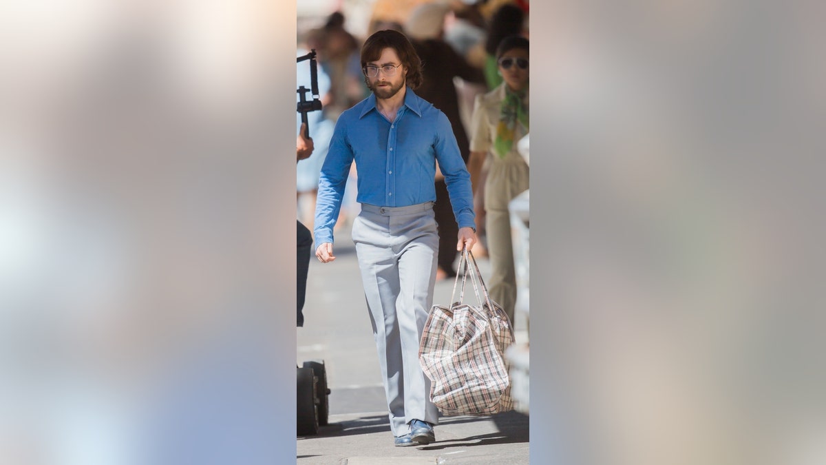 Actor Daniel Radcliffe sweats through his fitted blue shirt during the filming of "Escape from Pretoria" on March 12, 2019 in South Australia.