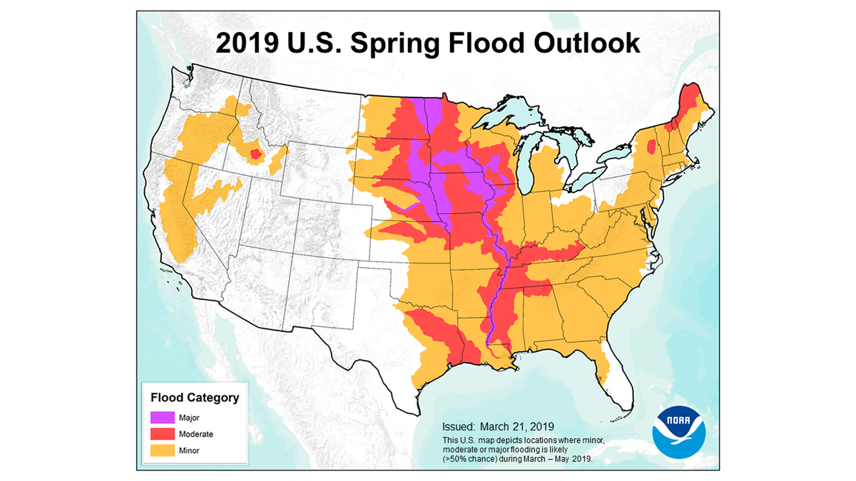 This map released by the NOAA shows the locations where there is a greater than 50-percent chance of major, moderate or minor flooding during March through May, 2019.