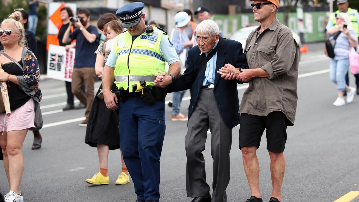 John Sato, 95, one of only two Japanese servicemen in the New Zealand army in WWII, took two buses from Howick to join the march against racism at Aotea Square on March 24, 2019 in Auckland, New Zealand.