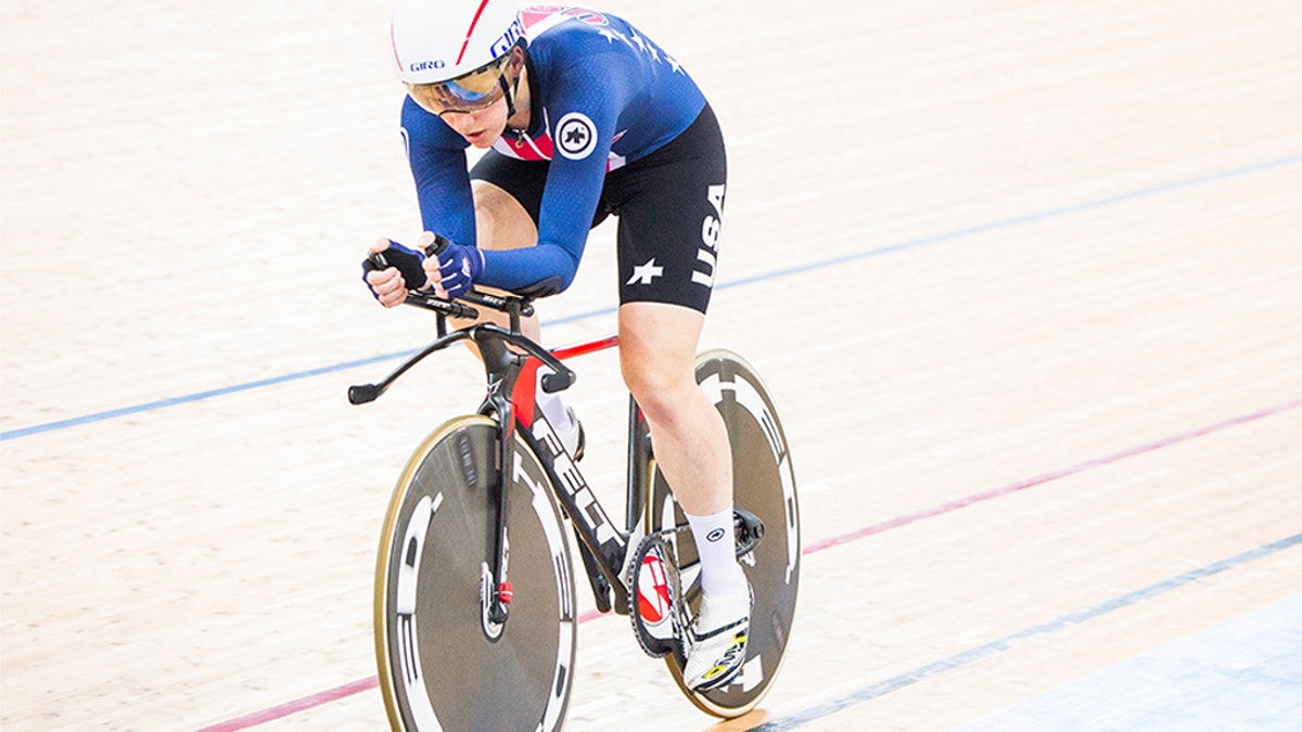 Kelly Catlin pictured here competing in the Women's Individual Pursuit Finals during 2017 UCI World Cycling in April 2017 in Hong Kong.
