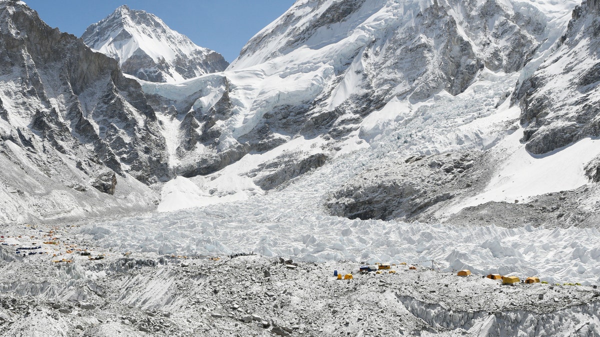 This photograph taken on April 26, 2018, shows the Khumbu glacier, one of the longest glaciers in the world and the Everest base camp.