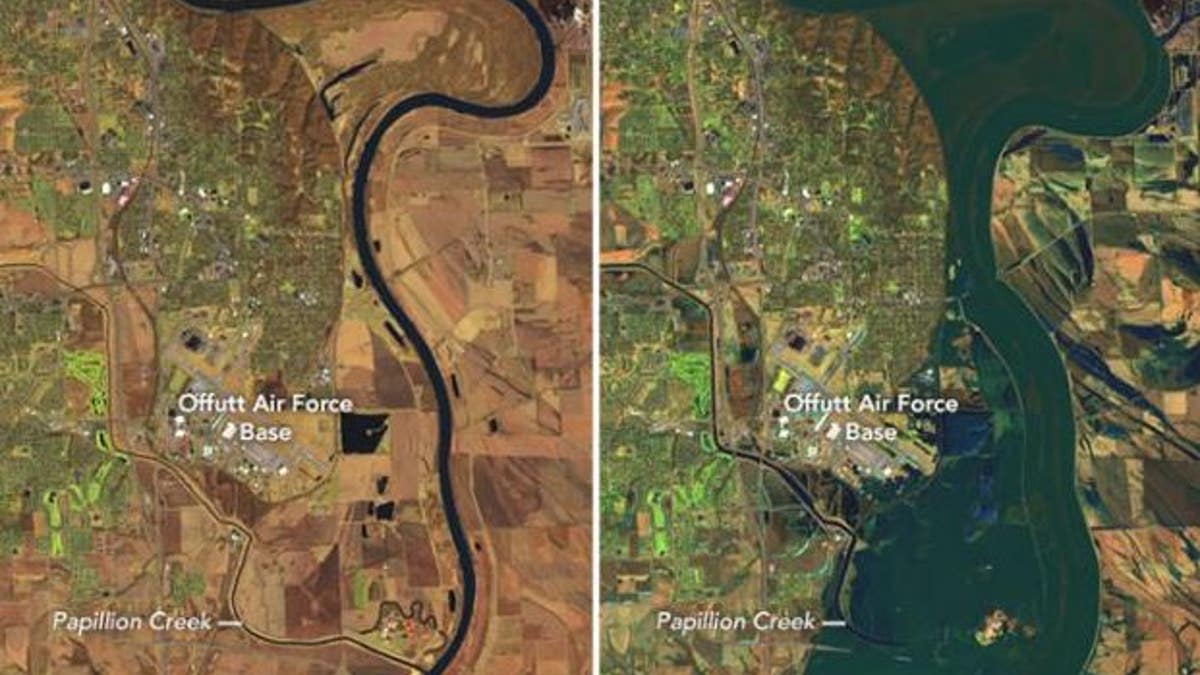 The above images, courtesy of NASA, show the extent of flooding on the Platte, Missouri, and Elkhorn Rivers, at right. The image at left shows the same area in March 2018.
