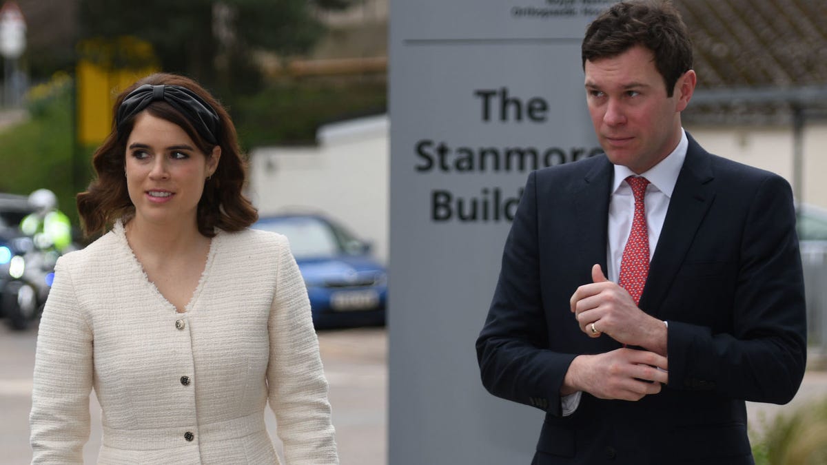 Princess Eugenie of York and Jack Brooksbank arrive at the Royal National Orthopaedic Hospital to open the new Stanmore Building on Thursday in London. 