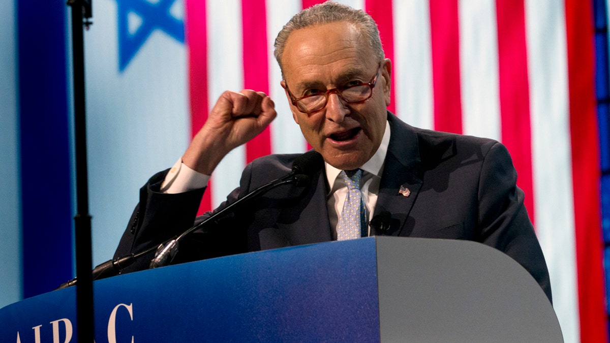 Senate Minority Leader Chuck Schumer, D-N.Y., speaking at the 2019 American Israel Public Affairs Committee (AIPAC) policy conference in Washington Monday night. (AP Photo/Jose Luis Magana)