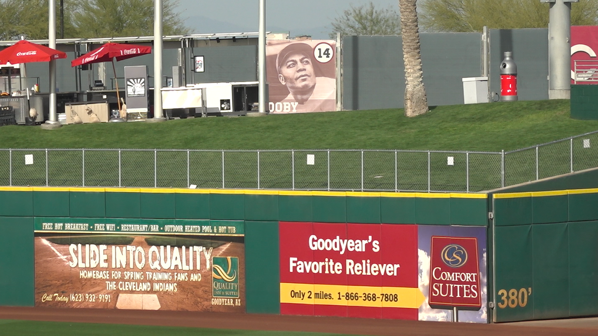 Larry Doby's picture and number are in right field of Goodyear Ballpark, where the Indians and Cincinnati Reds share a stadium for Spring Training home games.