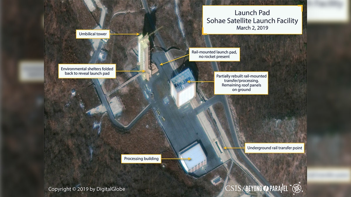 The Sohae Satellite Launching Station launch pad features what researchers of Beyond Parallel, a CSIS project, describe as showing the partially rebuilt rail-mounted rocket transfer structure in a commercial satellite image taken over Tongchang-ri, North Korea on March 2, 2019 and released March 5, 2019.
