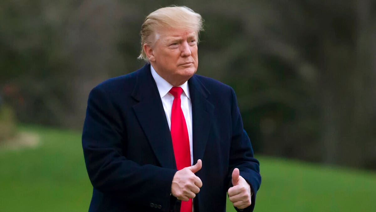 President Trump gives two thumbs up after stepping off Marine One on the South Lawn of the White House, Sunday, March 24, 2019. (AP Photo/Alex Brandon)