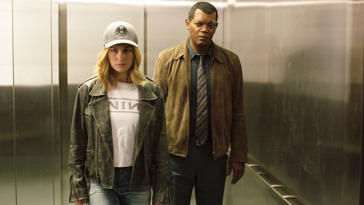 This image released by Disney-Marvel Studios shows Brie Larson, left, and Samuel L. Jackson in a scene from 