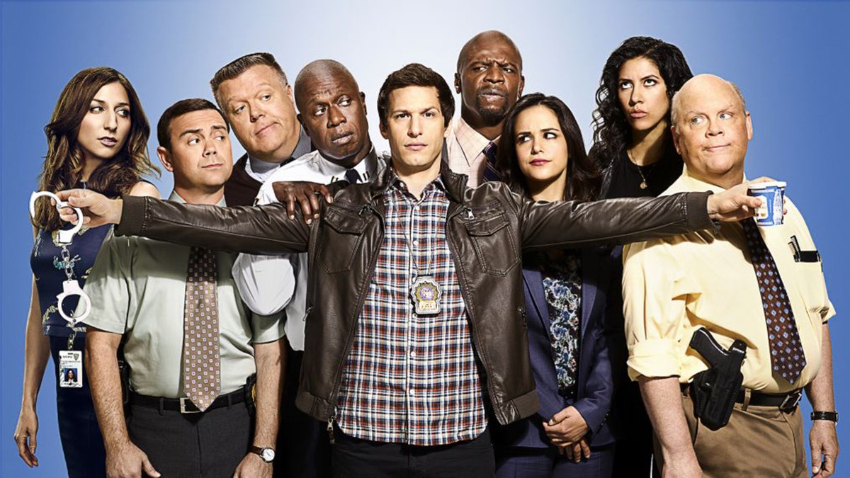 Cast of the sitcom Brooklyn Nine-Nine, starring Andy Samberg (center).