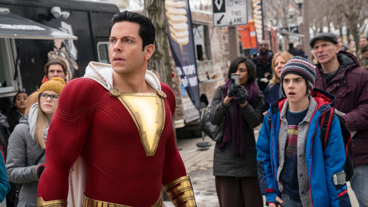 This image released by Warner Bros. shows Zachary Levi, left, and Jack Dylan Grazer in a scene from 'Shazam!'