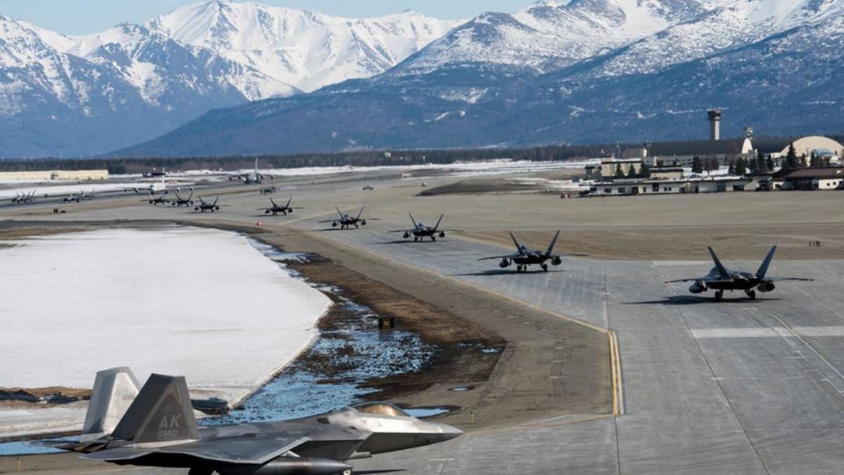 A close formation taxi, known as an Elephant Walk, participating as part of Polar Force on Joint Base Elmendorf-Richardson in Alaska.