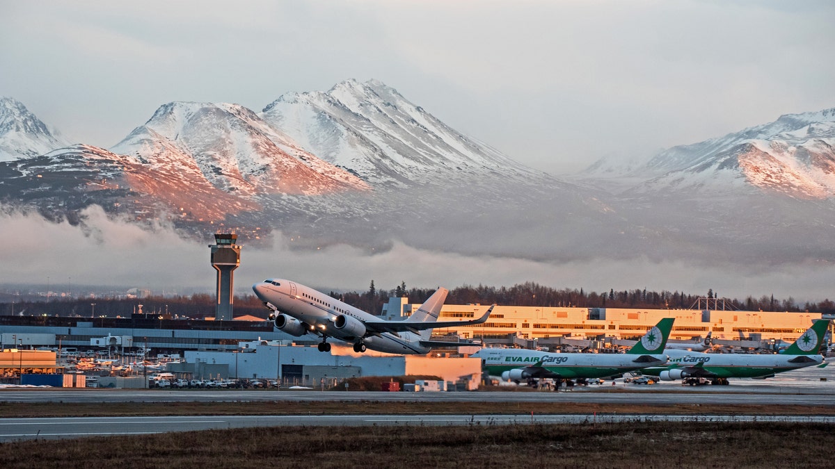 Aircraft depart from Ted Stevens Anchorage International Airport in Anchorage, Alaska.