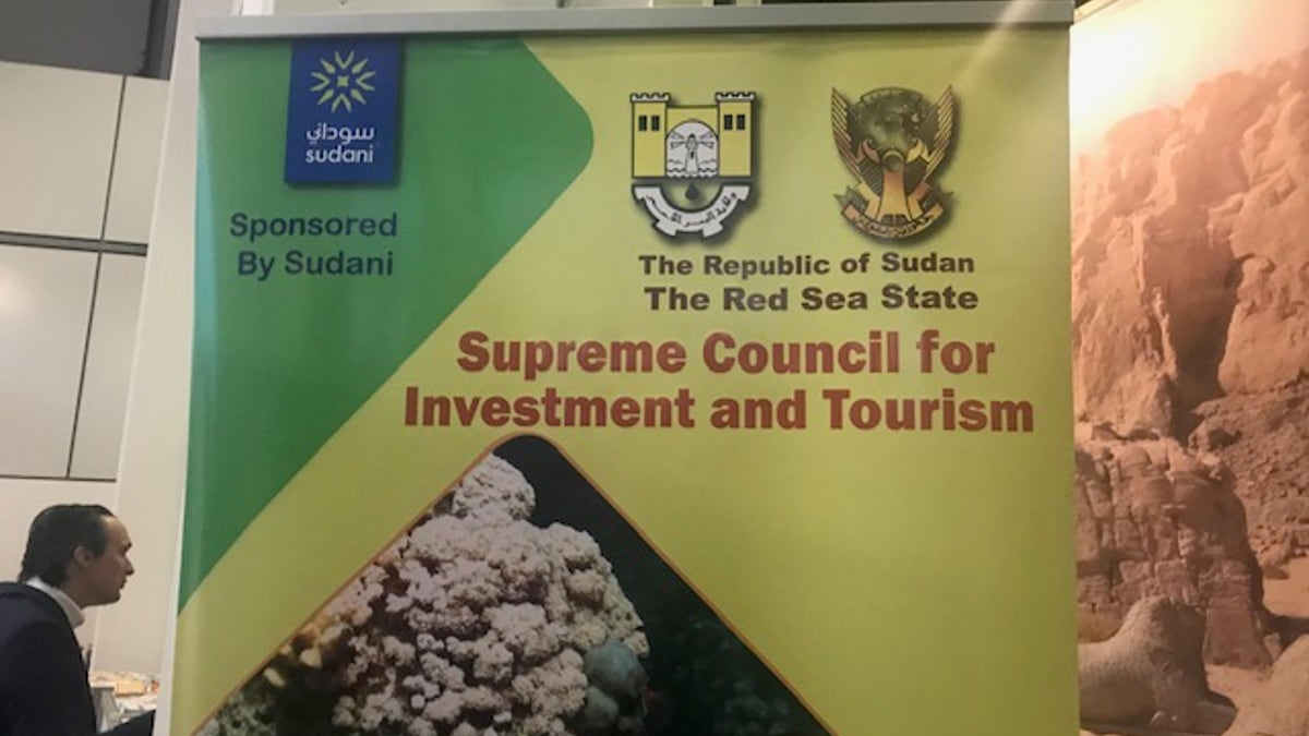 A booth promoting Sudan tourism is seen at the ITB Trade Show in Berlin.