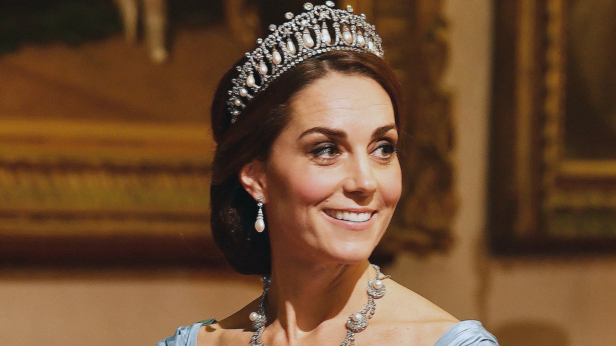 Britain's Catherine, Duchess of Cambridge, attends a State Banquet in honour of King Willem-Alexander and Queen Maxima of the Netherlands at Buckingham Palace in London on October 23, 2018, on the first day of the Dutch King and Queen's two-day state visit. (Photo by John Stillwell / POOL / AFP)        (Photo credit should read JOHN STILLWELL/AFP/Getty Images)