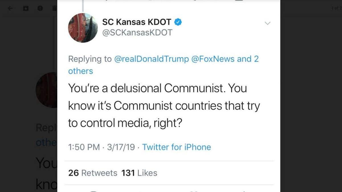 An employee at the Kansas DOT posted a tweet about President Trump that was later removed.