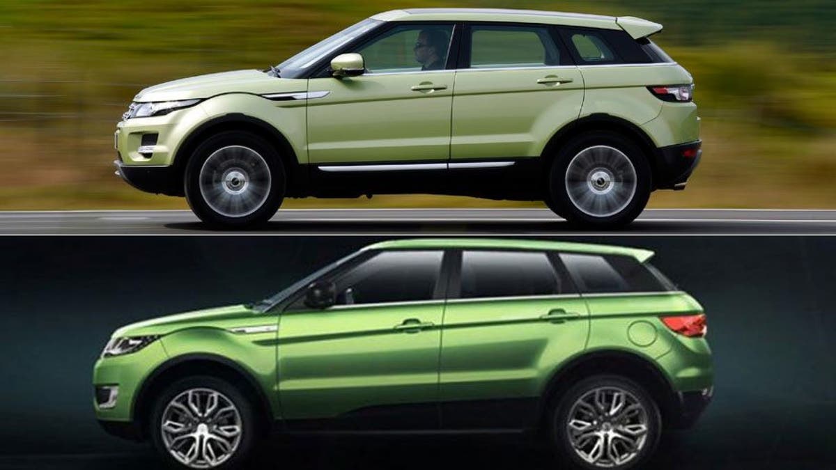 The court determined that the Landwind X7 (bottom) copied 5 unique elements from the Range Rover Evoque (top).