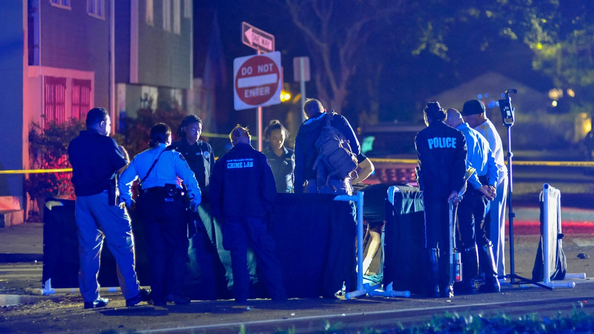 New Orlean Police Department officers process the scene at a fatal hit and run accident along Esplanade Avenue in Bayou St. John in New Orleans, Saturday, March 2, 2019.