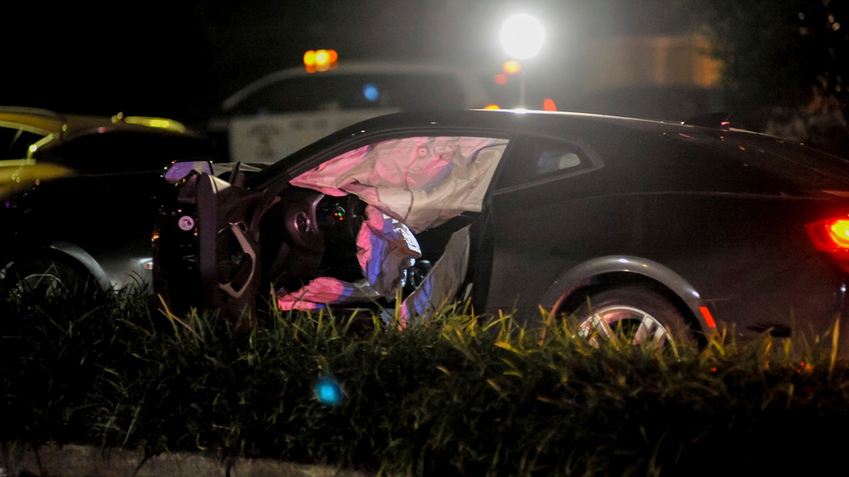 New Orleans Police Department officers process a damaged vehicle after responding to a fatal hit and run accident along Esplanade Avenue in Bayou St. John in New Orleans, Saturday, March 2, 2019.